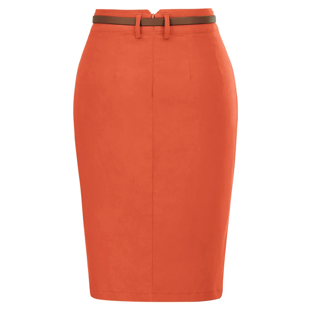 Solid Color Slim Belt Bodycon Pencil SkirtKnee Length Skirt