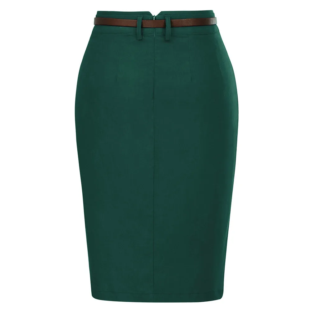 Solid Color Slim Belt Bodycon Pencil SkirtKnee Length Skirt