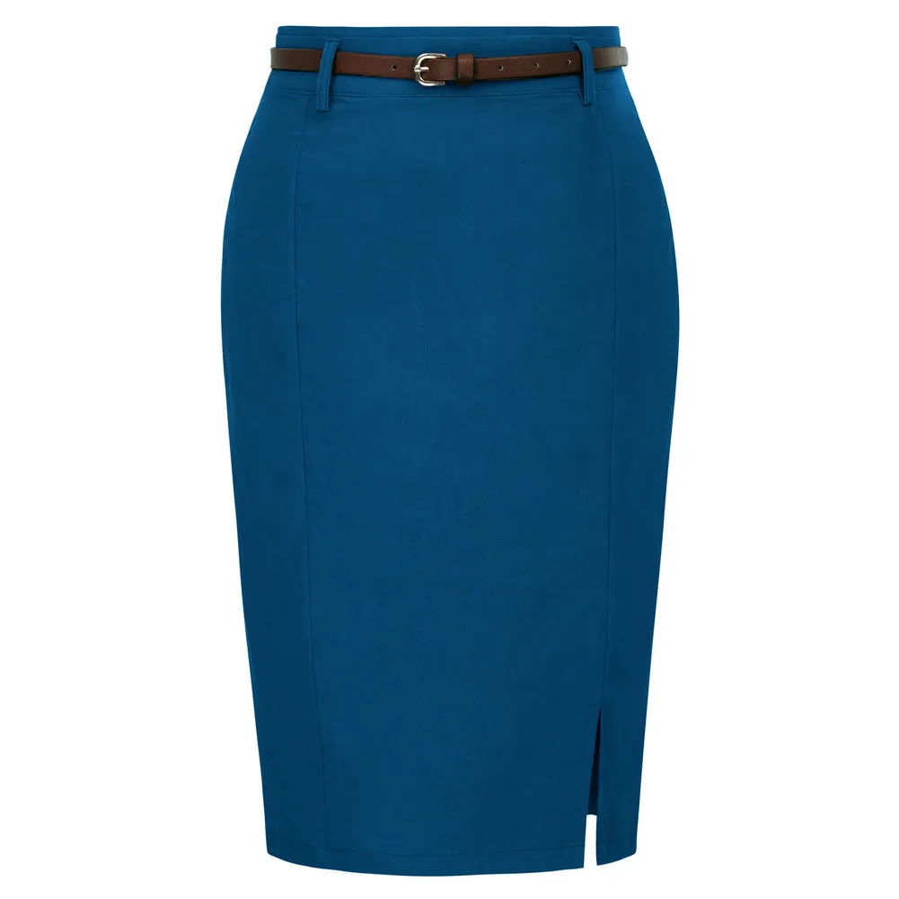 Solid Color Slim Belt Bodycon Pencil SkirtKnee Length Skirt