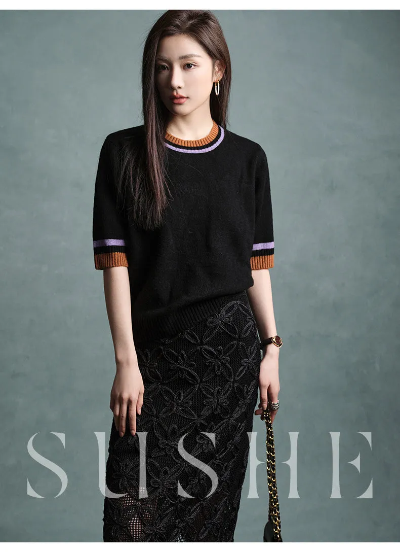 SUSHE Spring Flower Simple Straight pencil White Knit Slit Skirt - ueb