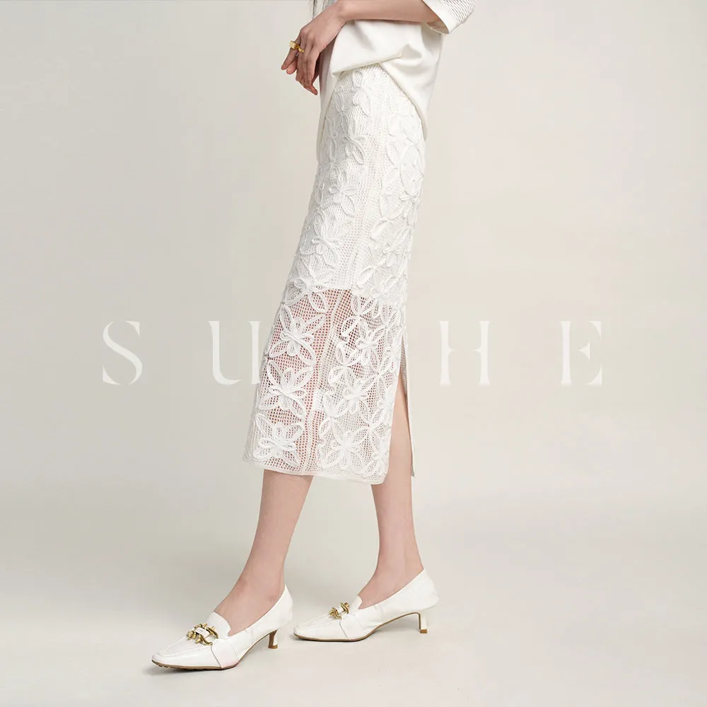 SUSHE Spring Flower Simple Straight pencil White Knit Slit Skirt - ueb