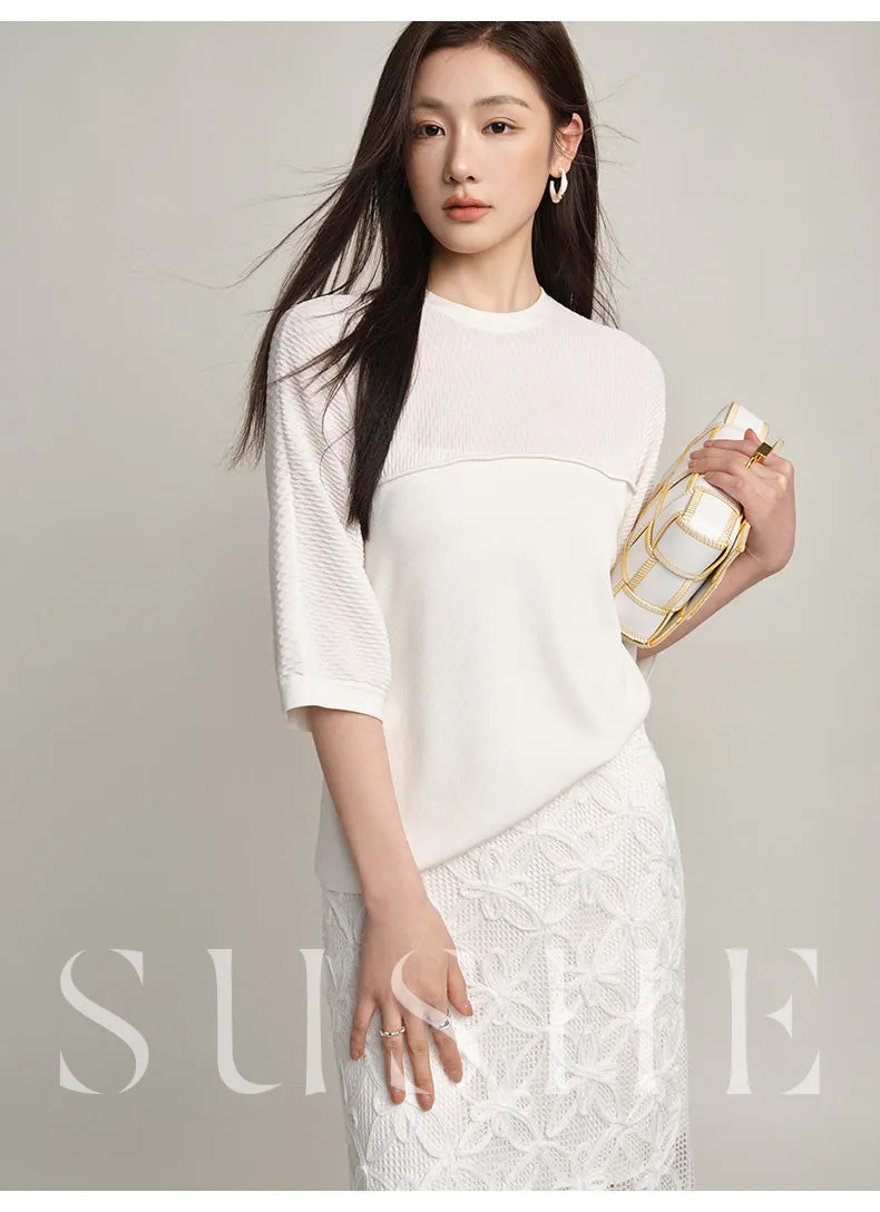 SUSHE Spring Flower Simple Straight pencil White Knit Slit Skirt - ueb