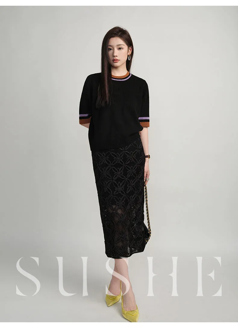 SUSHE Spring Flower Simple Straight pencil White Knit Slit Skirt - ueb