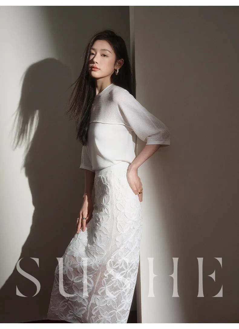 SUSHE Spring Flower Simple Straight pencil White Knit Slit Skirt - ueb