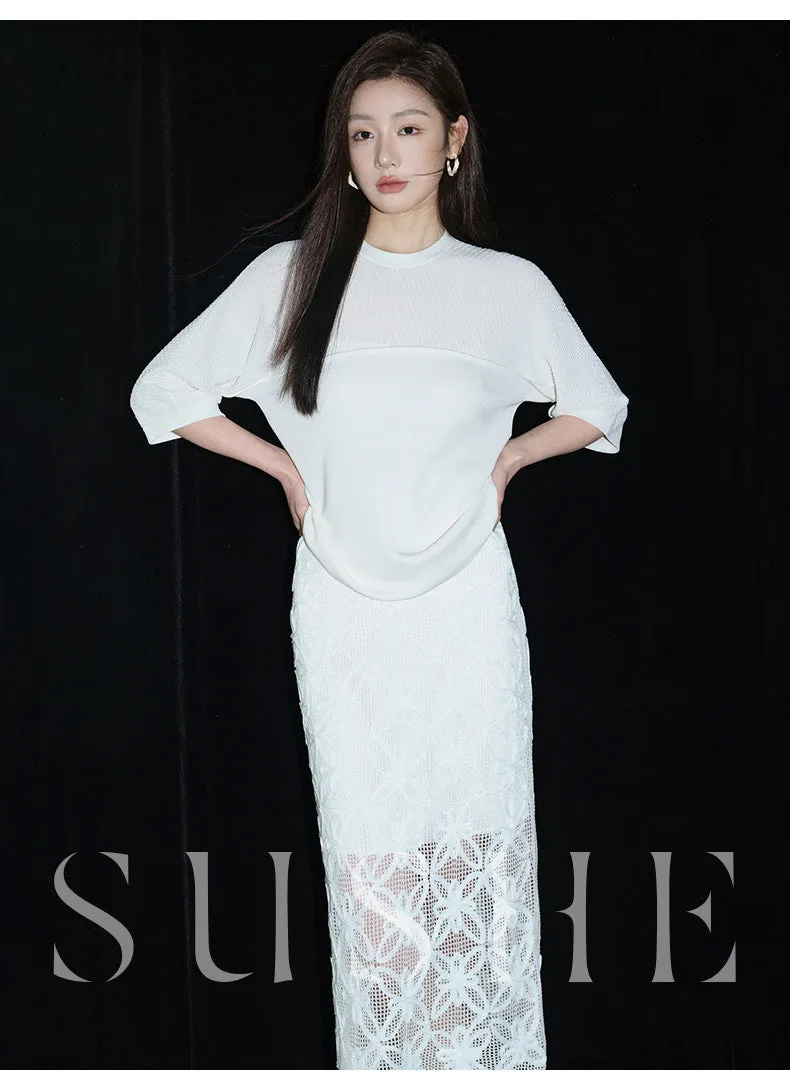 SUSHE Spring Flower Simple Straight pencil White Knit Slit Skirt - ueb