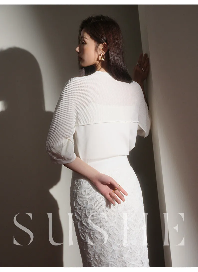 SUSHE Spring Flower Simple Straight pencil White Knit Slit Skirt - ueb