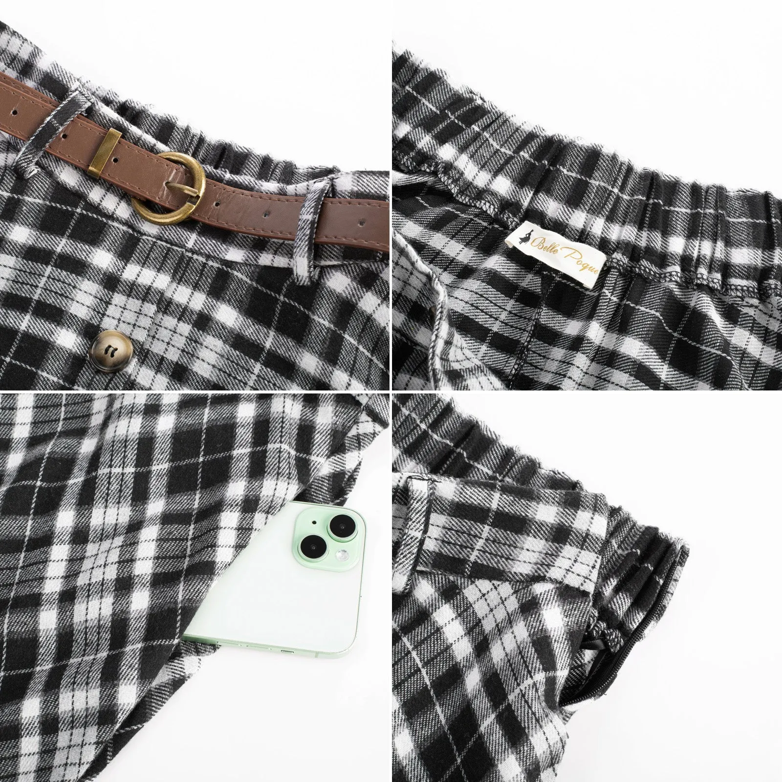 Swing Plaid Skirt with Belt Elastic High Waist Buttons Decorated Skirt