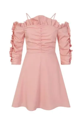 Tia Blush Off Shoulder Ruffle Skater Dress