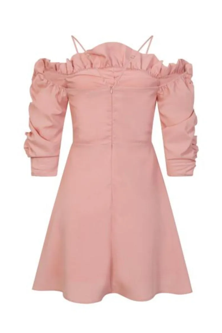 Tia Blush Off Shoulder Ruffle Skater Dress