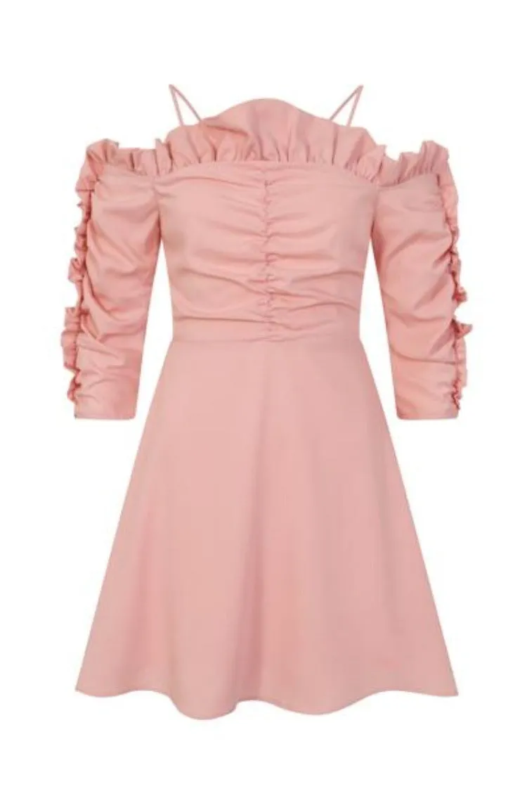 Tia Blush Off Shoulder Ruffle Skater Dress