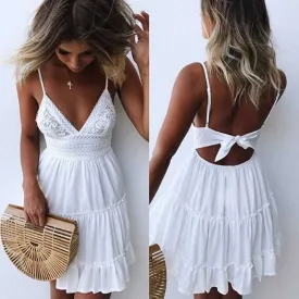 Tie Back Knot Lace Tiered Layered Ruffle Mini Dress