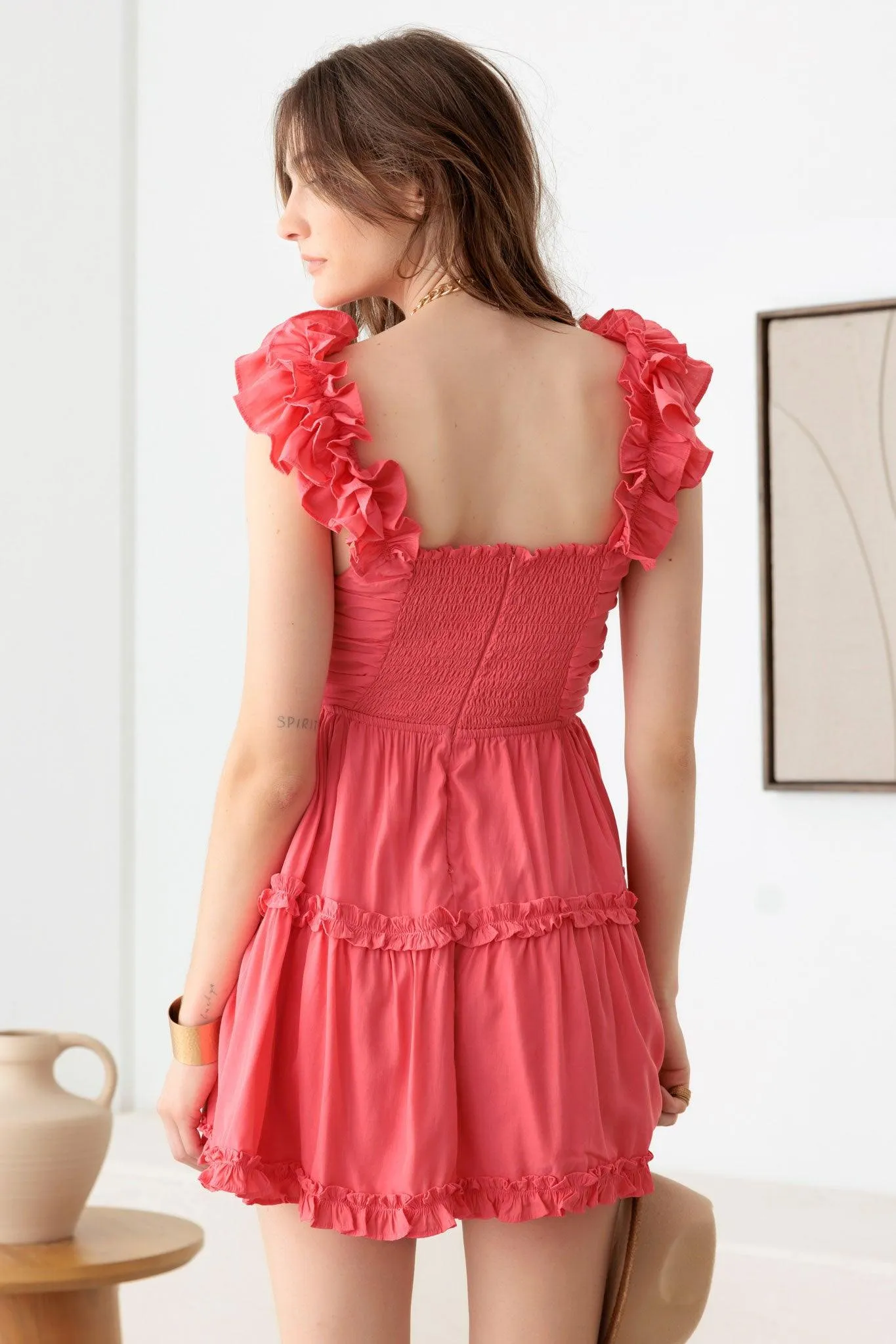 Tied Bust Ruffle Detail Tiered Mini Dress