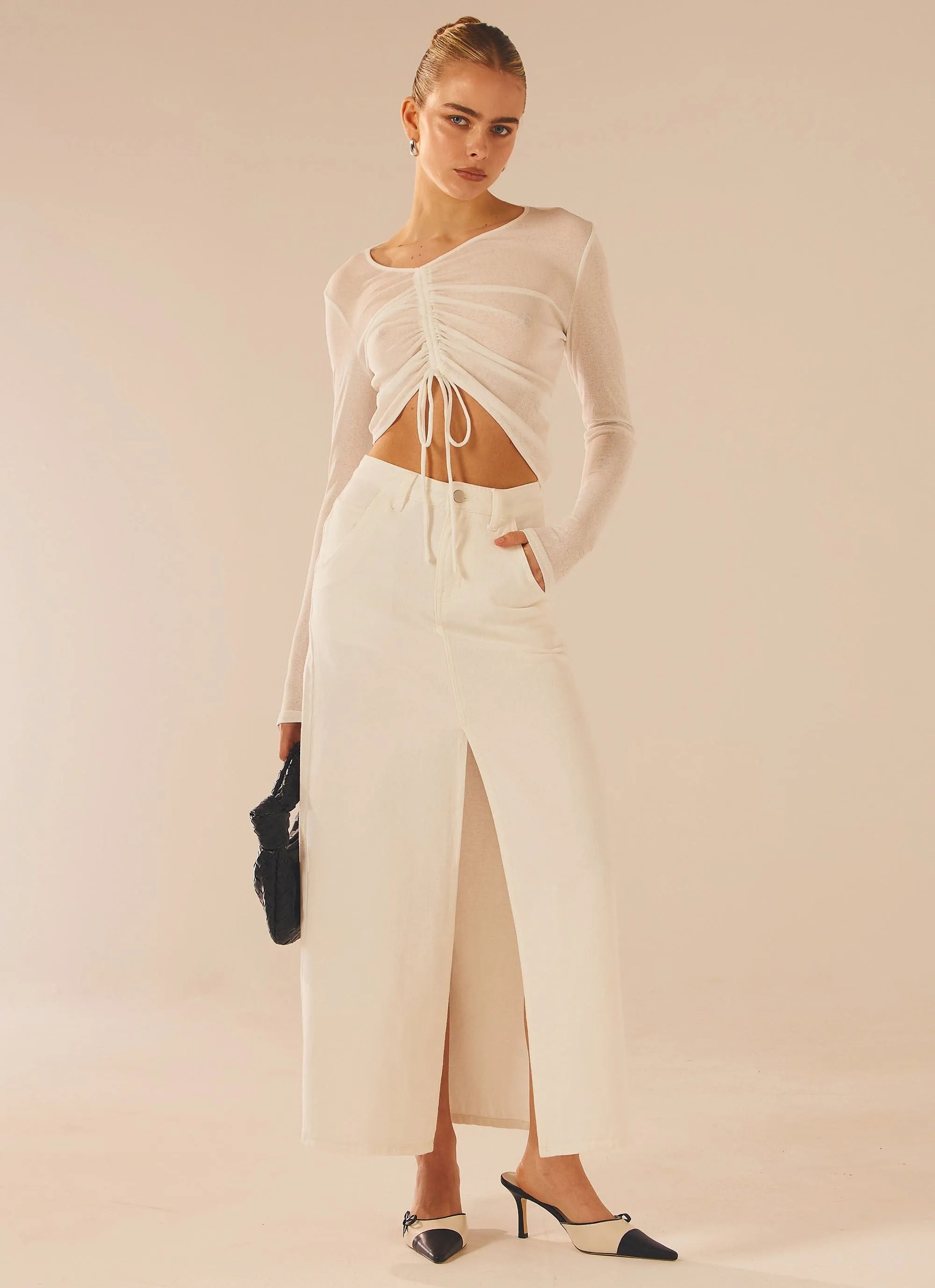 Walk This Way Denim Maxi Skirt - Bone