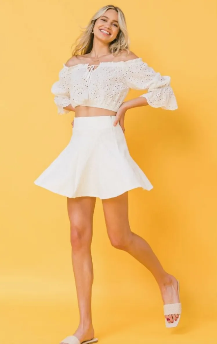 White Flared Textured Skater Mini Skirt