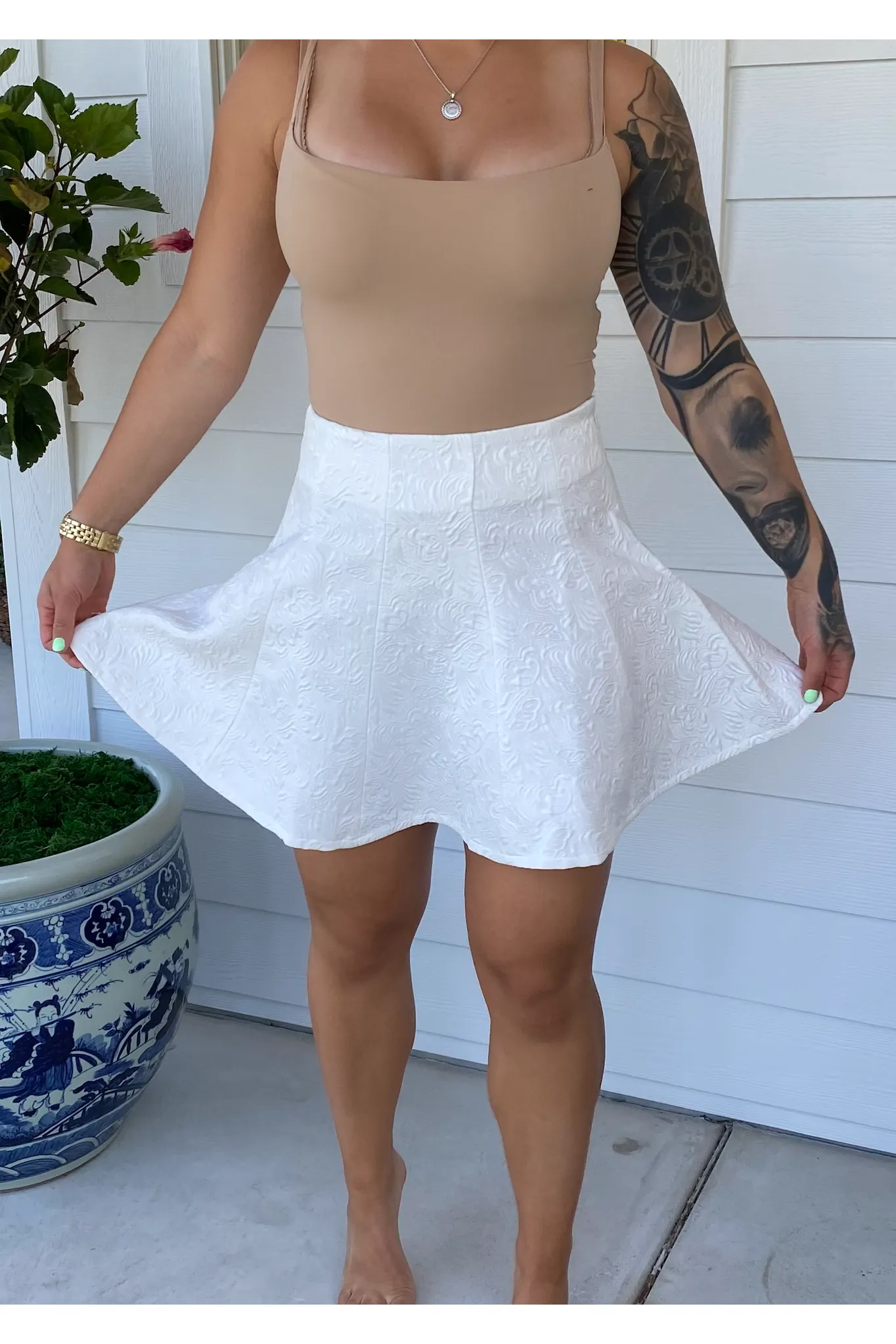 White Flared Textured Skater Mini Skirt