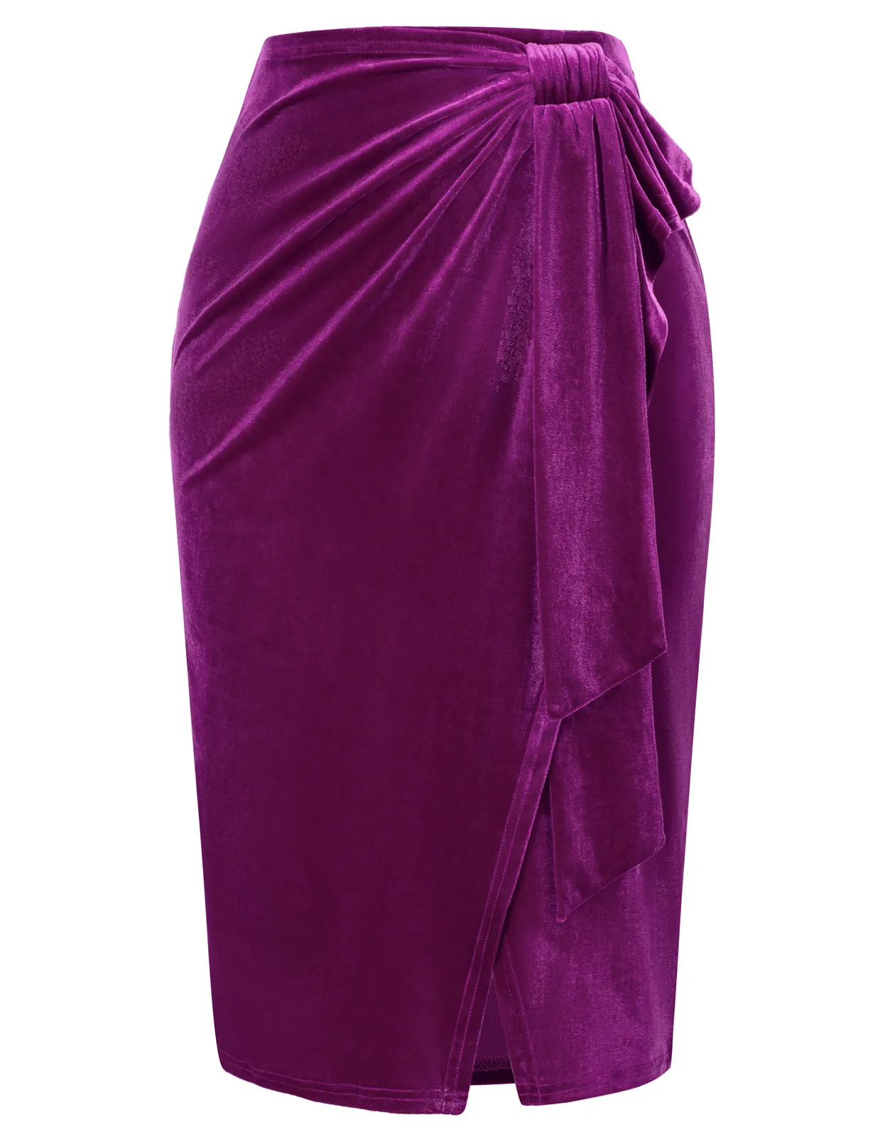 Women Wrap Hem Velvet Skirt Elastic Waist Below Knee Ruched Bodycon Skirt