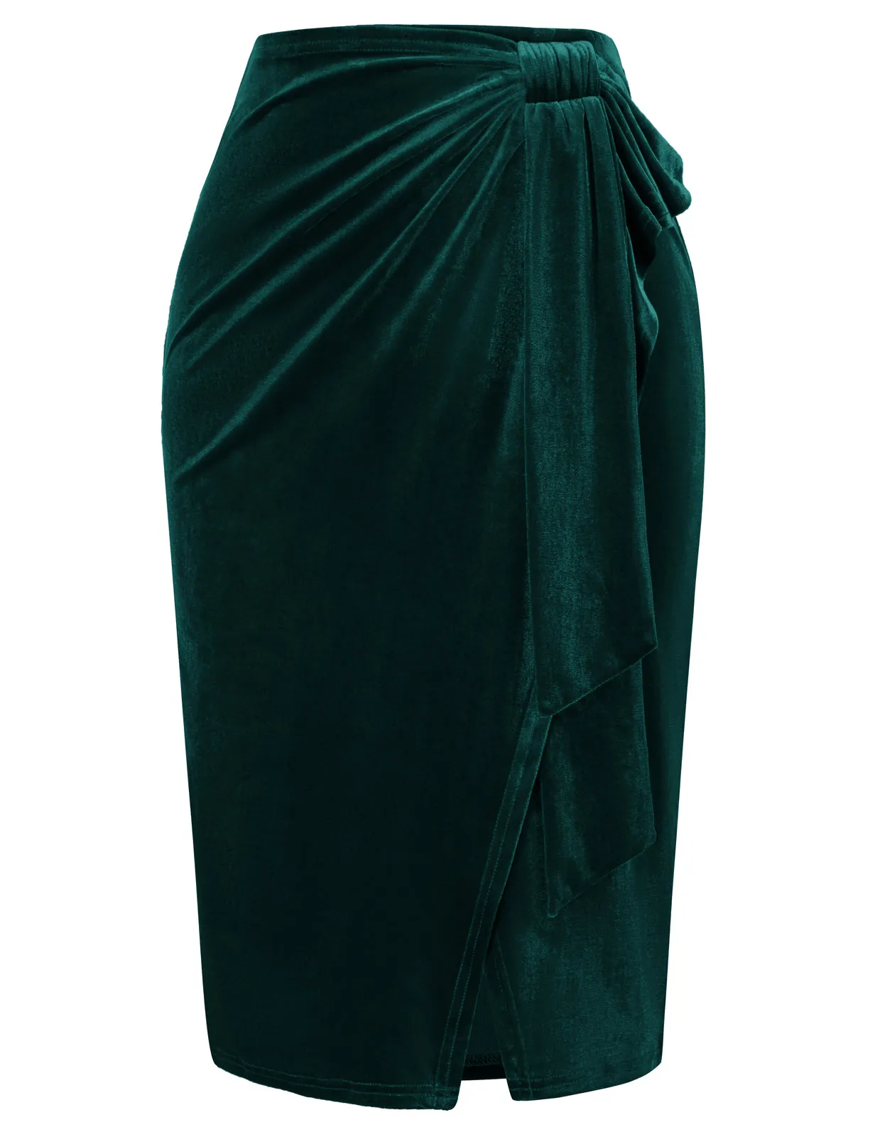 Women Wrap Hem Velvet Skirt Elastic Waist Below Knee Ruched Bodycon Skirt