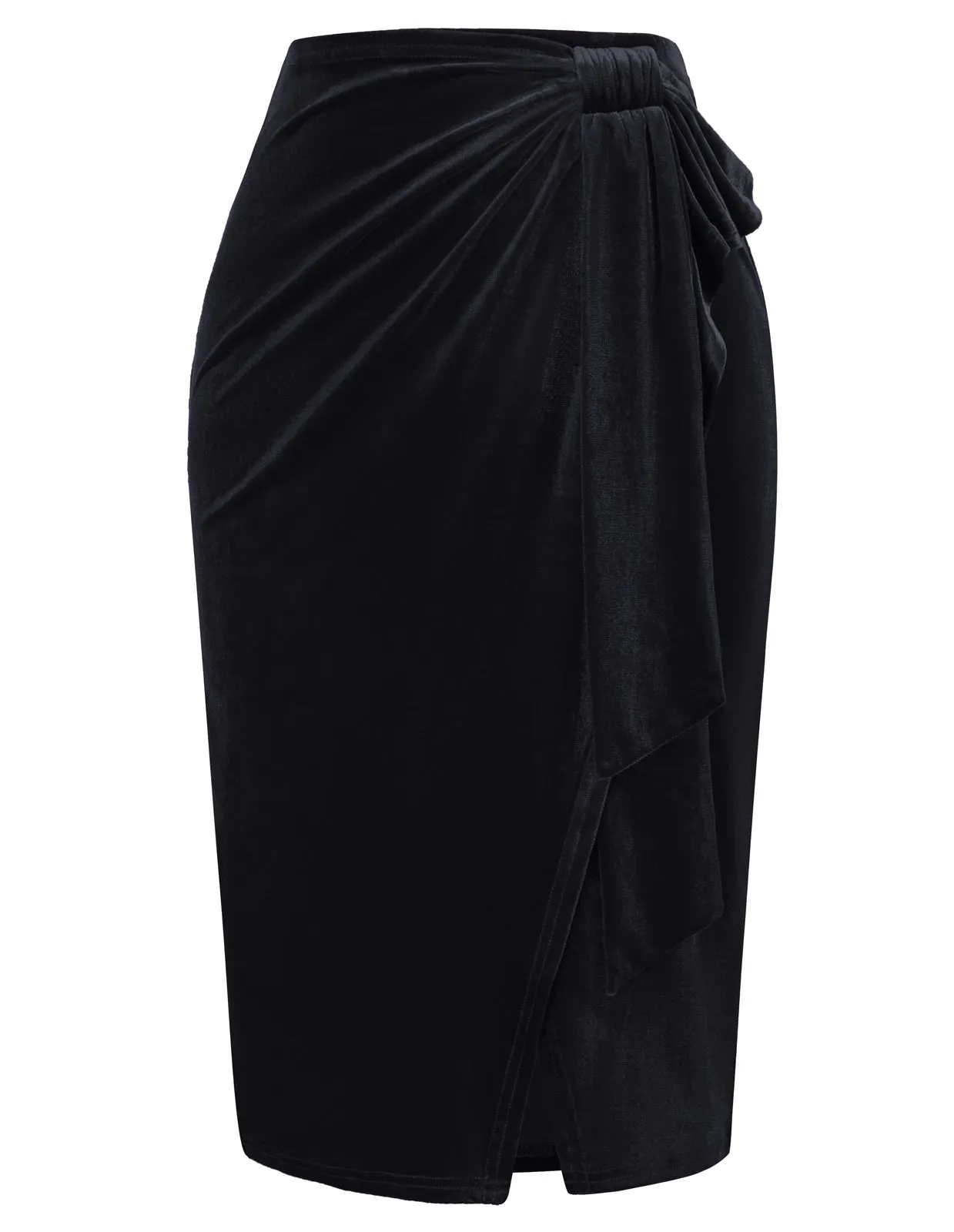 Women Wrap Hem Velvet Skirt Elastic Waist Below Knee Ruched Bodycon Skirt