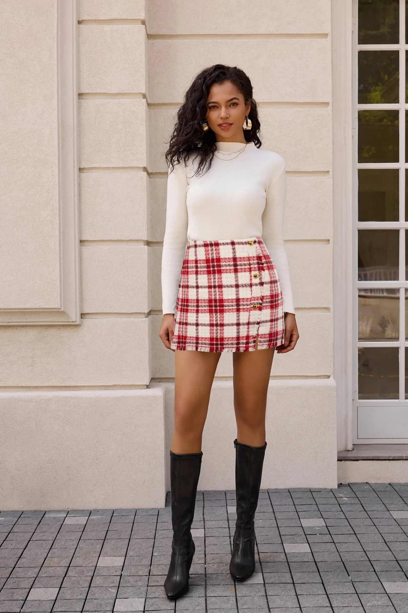 Women's Plaid Tweed Skirt High Waist Button Front Split Bodycon Pencil Mini Skirts