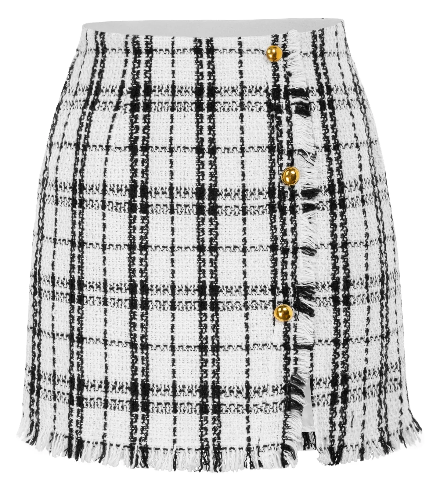 Women's Plaid Tweed Skirt High Waist Button Front Split Bodycon Pencil Mini Skirts