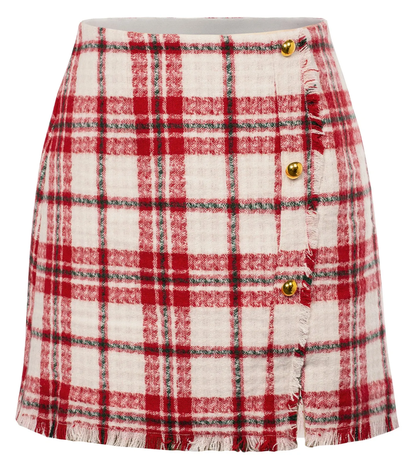 Women's Plaid Tweed Skirt High Waist Button Front Split Bodycon Pencil Mini Skirts