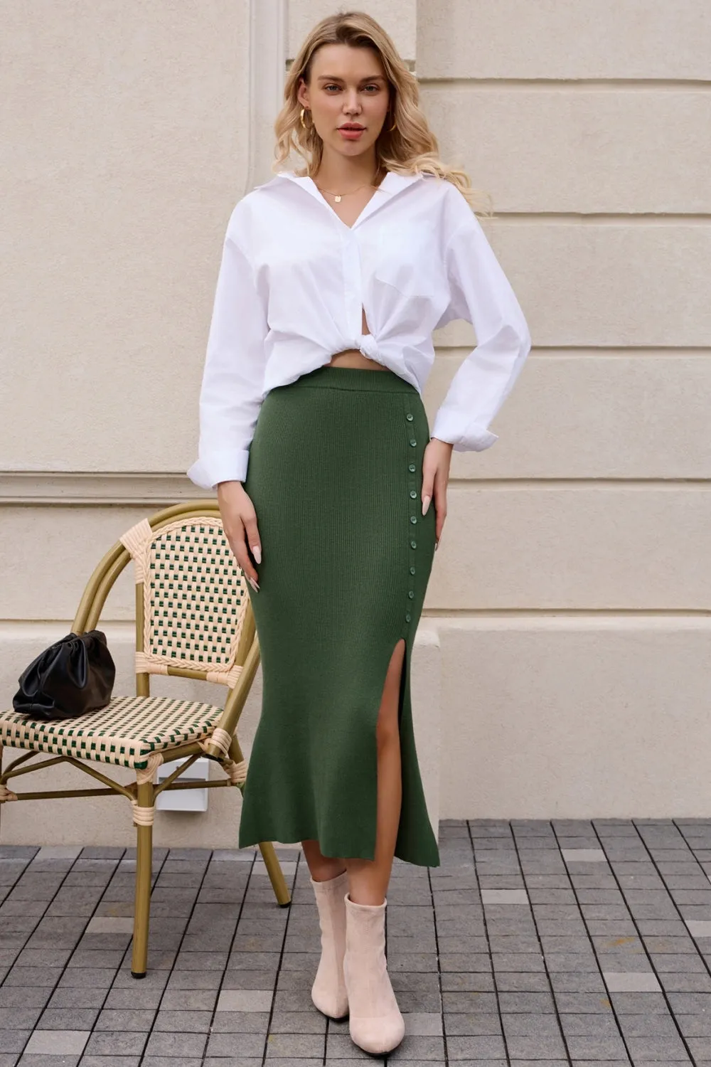 Women's Skirts 2023 Ribbed Elastic High Waisted Long Mermaid Stretch Bodycon Midi Skirts with Slit